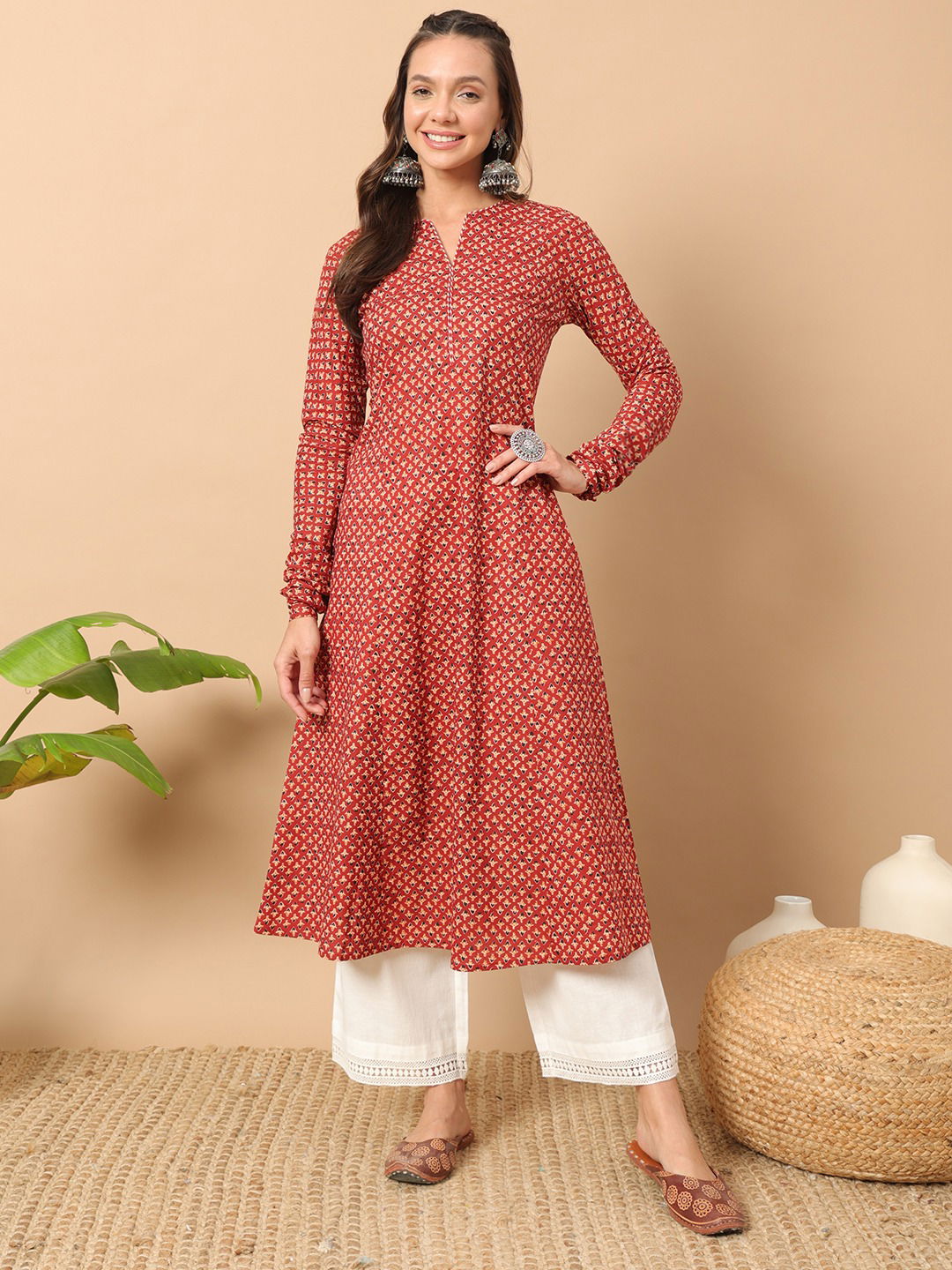 FAR0113 Red Size Set Long Sleeve Printed Cotton Kurti Wholesale Shop In Surat
